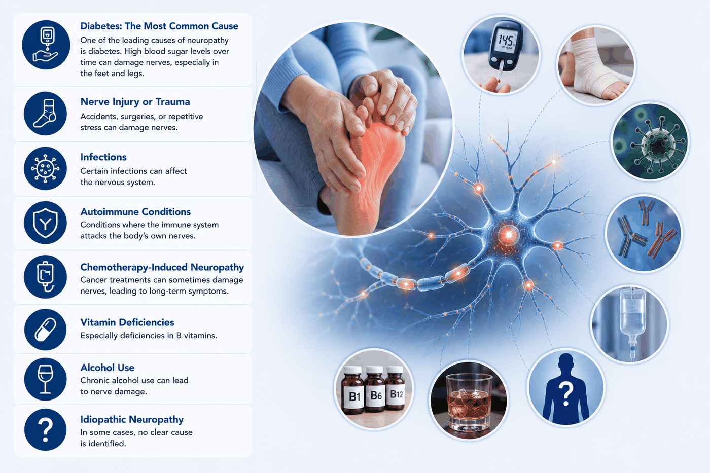 Common neuropathy causes, including diabetes, nerve injury, infection, autoimmune disease, chemotherapy, vitamin deficiency, alcohol use, and unknown causes