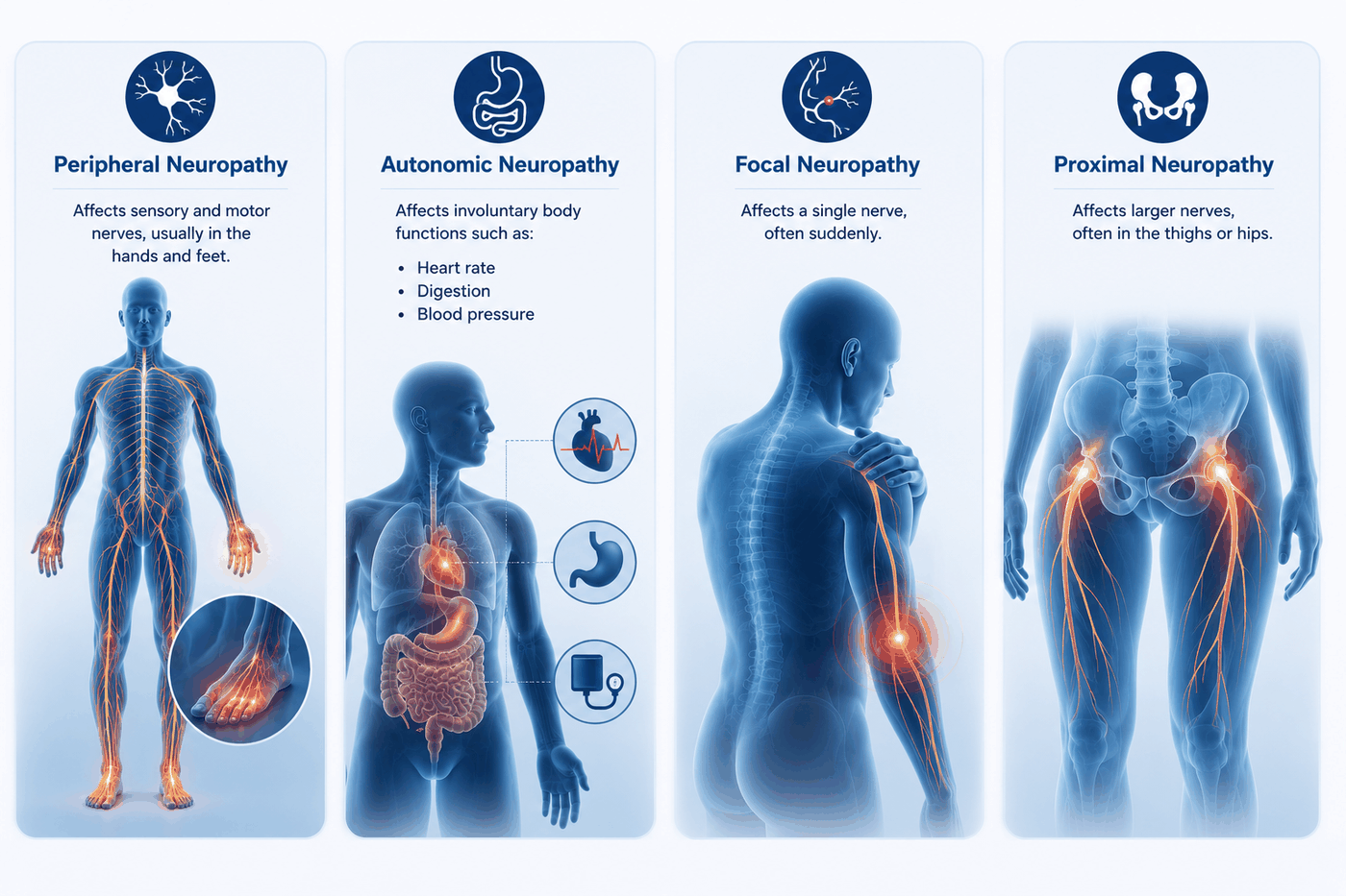 Types of neuropathy, including peripheral, autonomic, focal, and proximal neuropathy